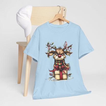 Grumpy Red-Nose Reindeer Shirt - Funny Christmas Reindeer with Gift & Plaid Scarf Tee, Sarcastic Holiday T-Shirt, Cozy Winter Gift