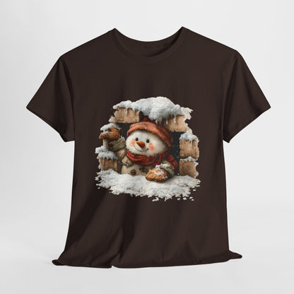 Peeking Snowman Window Shirt - Cute Snowy Brick Window Snowman Tee, Beanie & Scarf Cozy Christmas T-Shirt, Rustic Holiday Gift