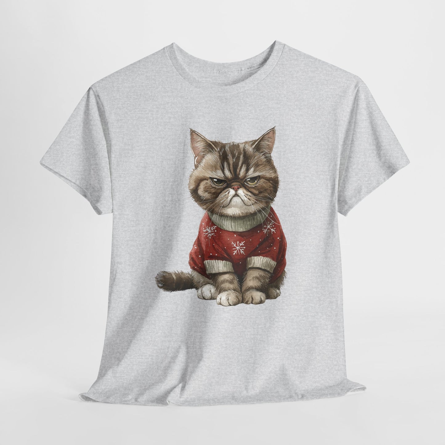 Christmas Grumpy Cat Shirt - Funny Moody Kitty in Red Snowflake Sweater Tee, Cute Winter Watercolor T-Shirt, Holiday Gift for Cat Lovers