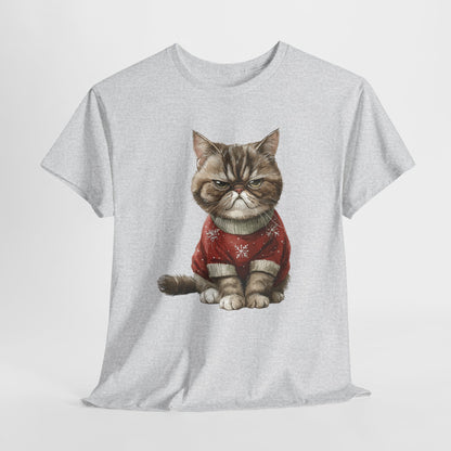 Christmas Grumpy Cat Shirt - Funny Moody Kitty in Red Snowflake Sweater Tee, Cute Winter Watercolor T-Shirt, Holiday Gift for Cat Lovers