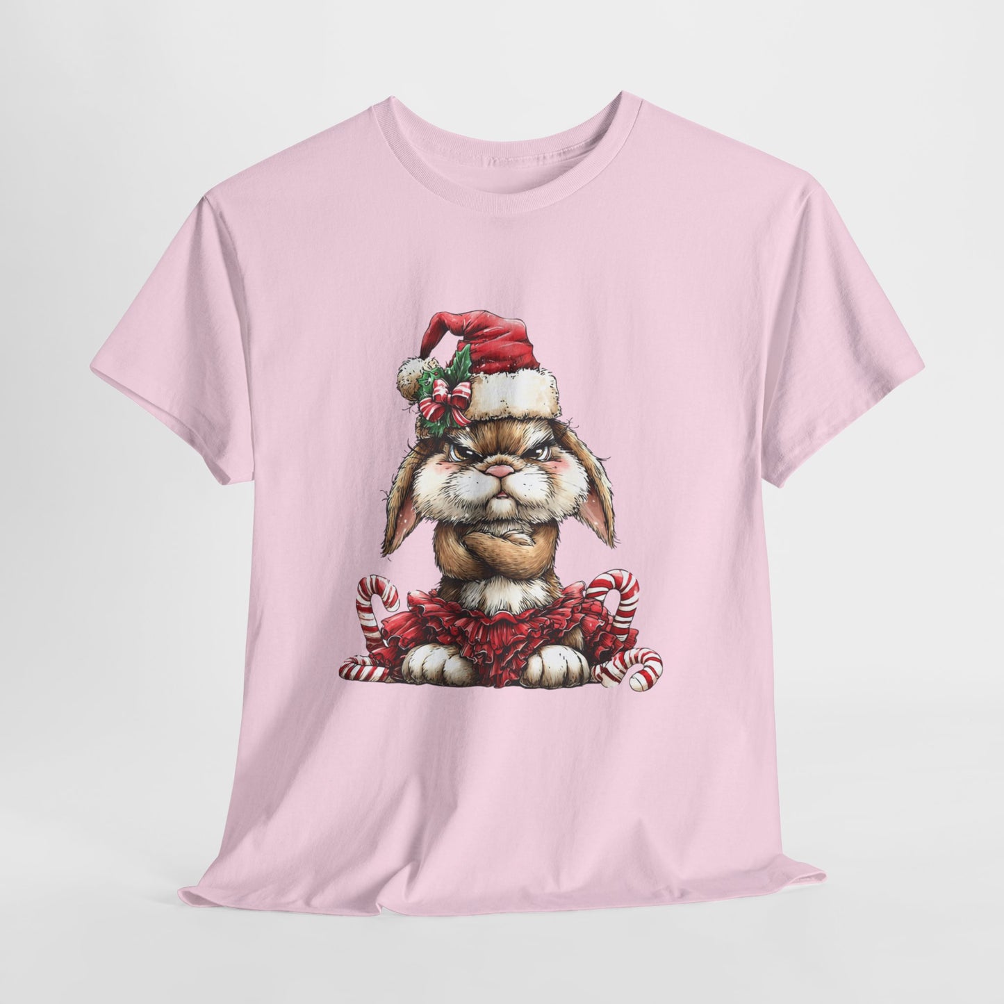 Grumpy Christmas Bunny Shirt - Funny Santa Hat Rabbit in Red Tutu Tee, Candy Cane Holiday T-Shirt, Cute Sarcastic Gift for Women & Men