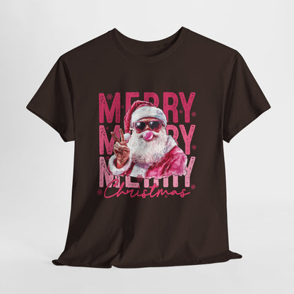 Cool Santa Bubblegum Shirt - Pink Merry Christmas Aesthetic Tee, Retro Peace Sign Santa T-Shirt, Funny Holiday Gift for Women & Men