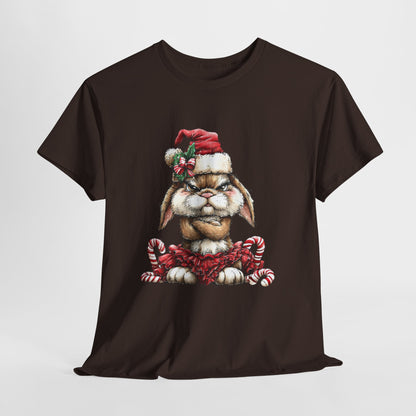 Grumpy Christmas Bunny Shirt - Funny Santa Hat Rabbit in Red Tutu Tee, Candy Cane Holiday T-Shirt, Cute Sarcastic Gift for Women & Men