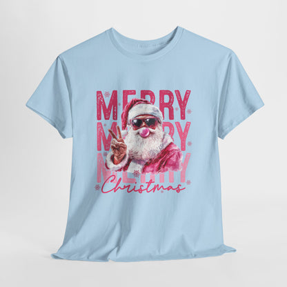Cool Santa Bubblegum Shirt - Pink Merry Christmas Aesthetic Tee, Retro Peace Sign Santa T-Shirt, Funny Holiday Gift for Women & Men