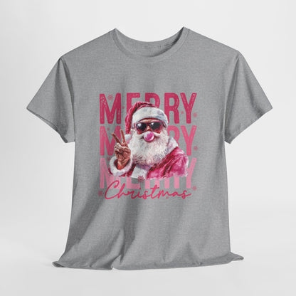 Cool Santa Bubblegum Shirt - Pink Merry Christmas Aesthetic Tee, Retro Peace Sign Santa T-Shirt, Funny Holiday Gift for Women & Men