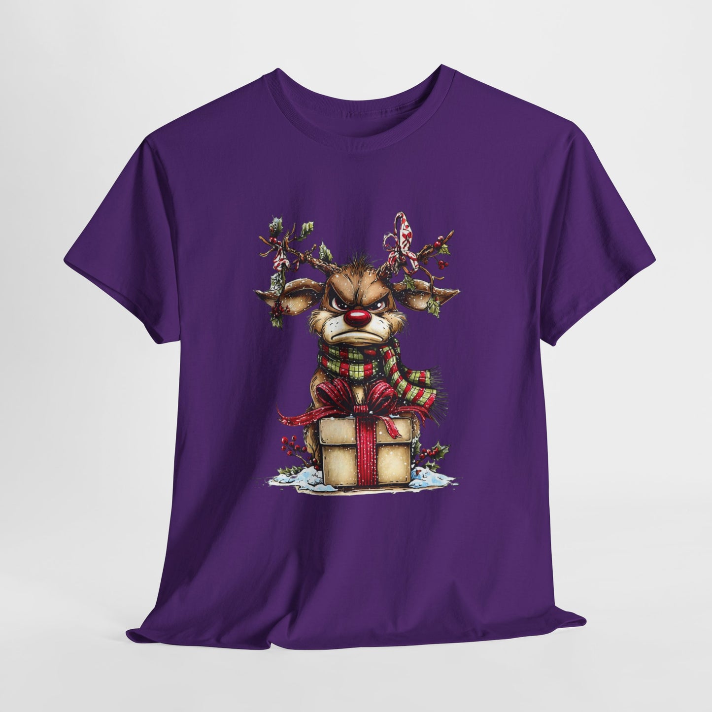 Grumpy Red-Nose Reindeer Shirt - Funny Christmas Reindeer with Gift & Plaid Scarf Tee, Sarcastic Holiday T-Shirt, Cozy Winter Gift