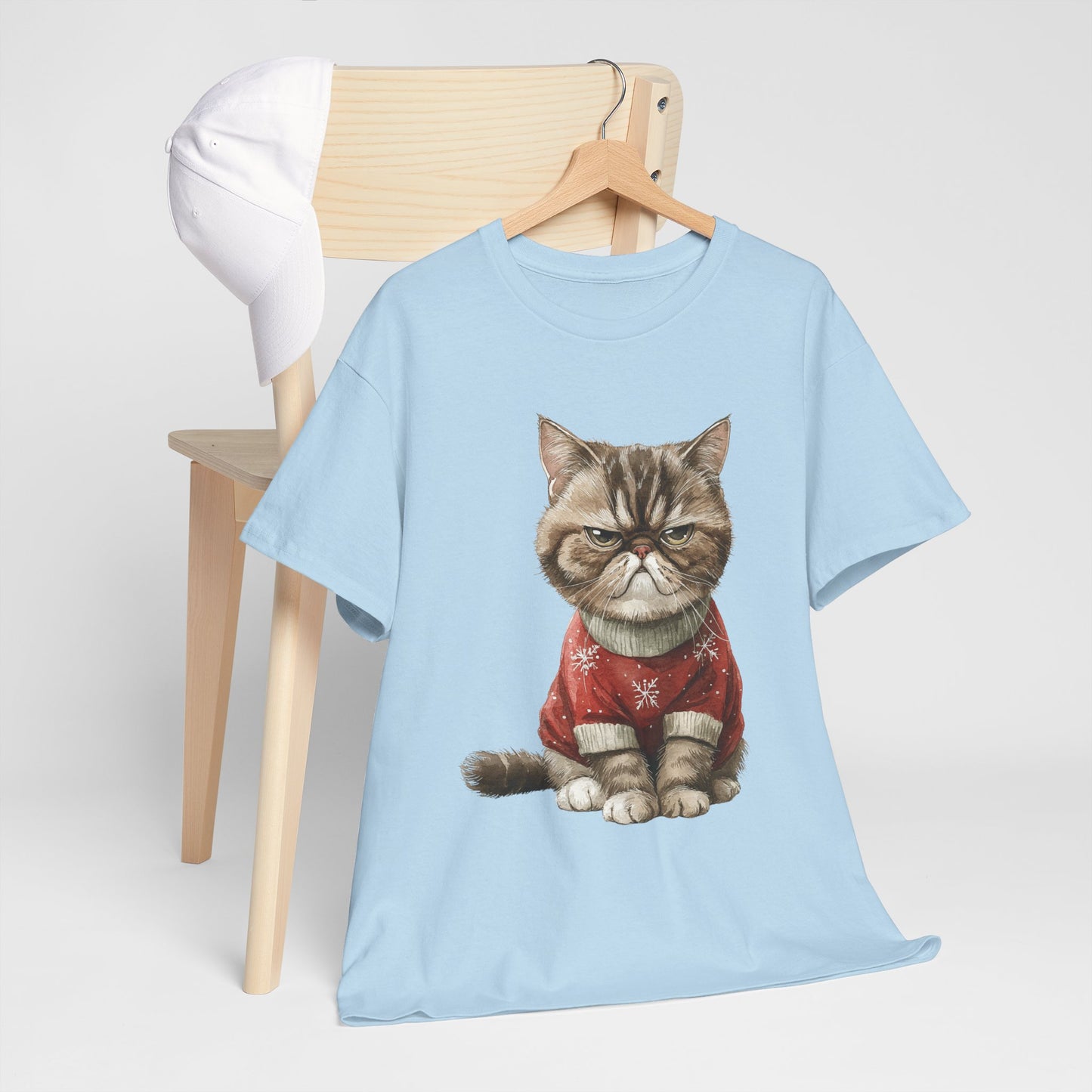 Christmas Grumpy Cat Shirt - Funny Moody Kitty in Red Snowflake Sweater Tee, Cute Winter Watercolor T-Shirt, Holiday Gift for Cat Lovers