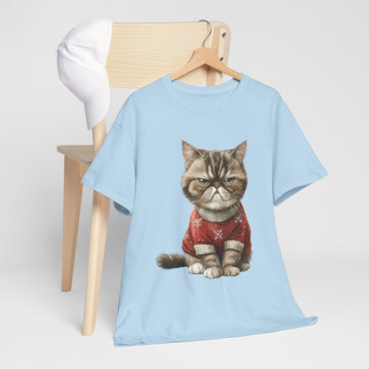 Christmas Grumpy Cat Shirt - Funny Moody Kitty in Red Snowflake Sweater Tee, Cute Winter Watercolor T-Shirt, Holiday Gift for Cat Lovers