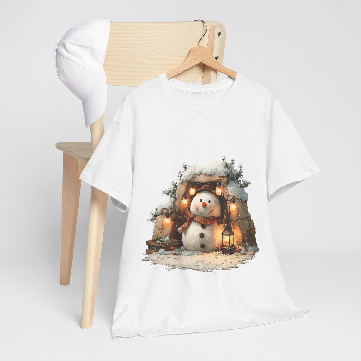 Cozy Lantern Snowman Shirt - Rustic Christmas Snowman with String Lights Tee, Winter Cabin Aesthetic T-Shirt, Cute Holiday Gift