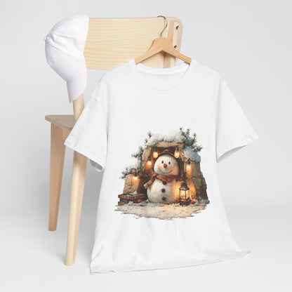 Cozy Lantern Snowman Shirt - Rustic Christmas Snowman with String Lights Tee, Winter Cabin Aesthetic T-Shirt, Cute Holiday Gift