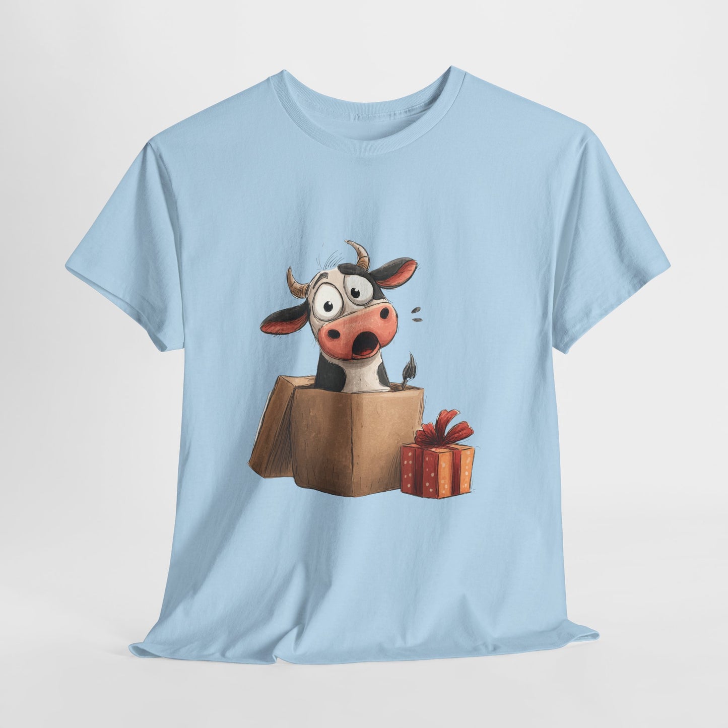 Cow in a Gift Box Shirt - Funny Christmas Surprise Moo Tee, Cute Cartoon Dairy Cow T-Shirt with Present and Bow