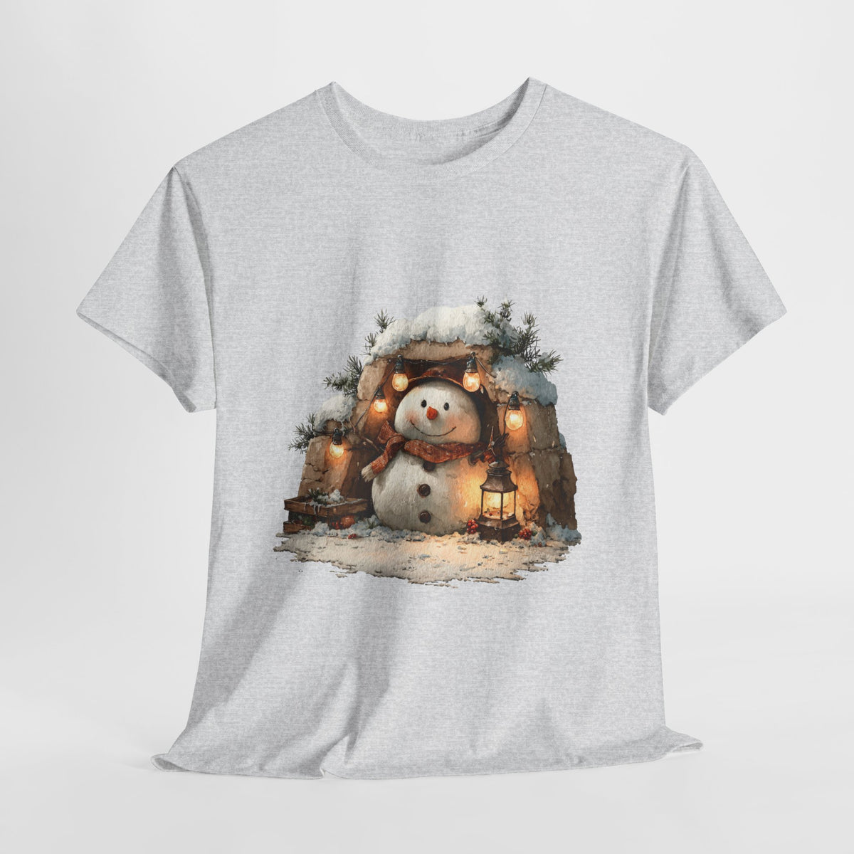 Cozy Lantern Snowman Shirt - Rustic Christmas Snowman with String Lights Tee, Winter Cabin Aesthetic T-Shirt, Cute Holiday Gift