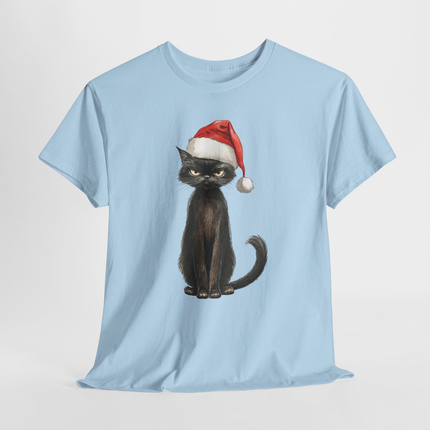 Christmas Black Cat Shirt - Funny Moody Kitty in Santa Hat Tee, Watercolor Holiday T-Shirt, Sarcastic Xmas Gift for Cat Lovers Men & Women