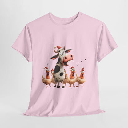 Cow & Chicken Carolers Shirt - Funny Christmas Farm Choir Tee, Singing Santa Hat Animals T-Shirt, Holiday Gift for Men and Women