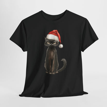 Christmas Black Cat Shirt - Funny Moody Kitty in Santa Hat Tee, Watercolor Holiday T-Shirt, Sarcastic Xmas Gift for Cat Lovers Men & Women