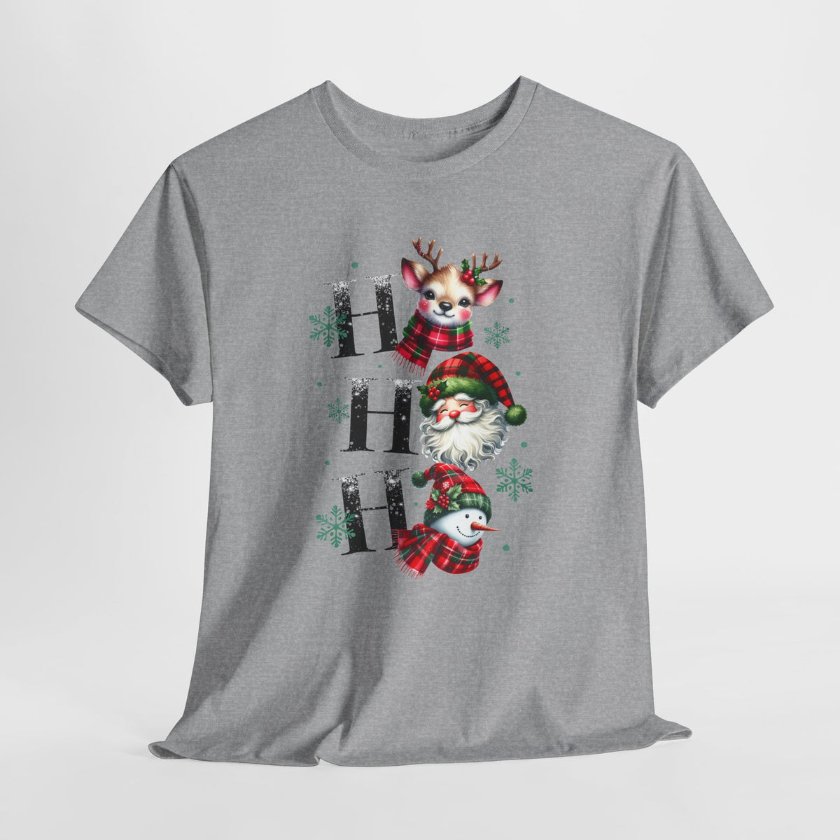 Ho Ho Ho Christmas Shirt - Cute Reindeer, Santa & Snowman Tee, Tartan Plaid Holiday T-Shirt with Snowflakes, Festive Family Matching Gift