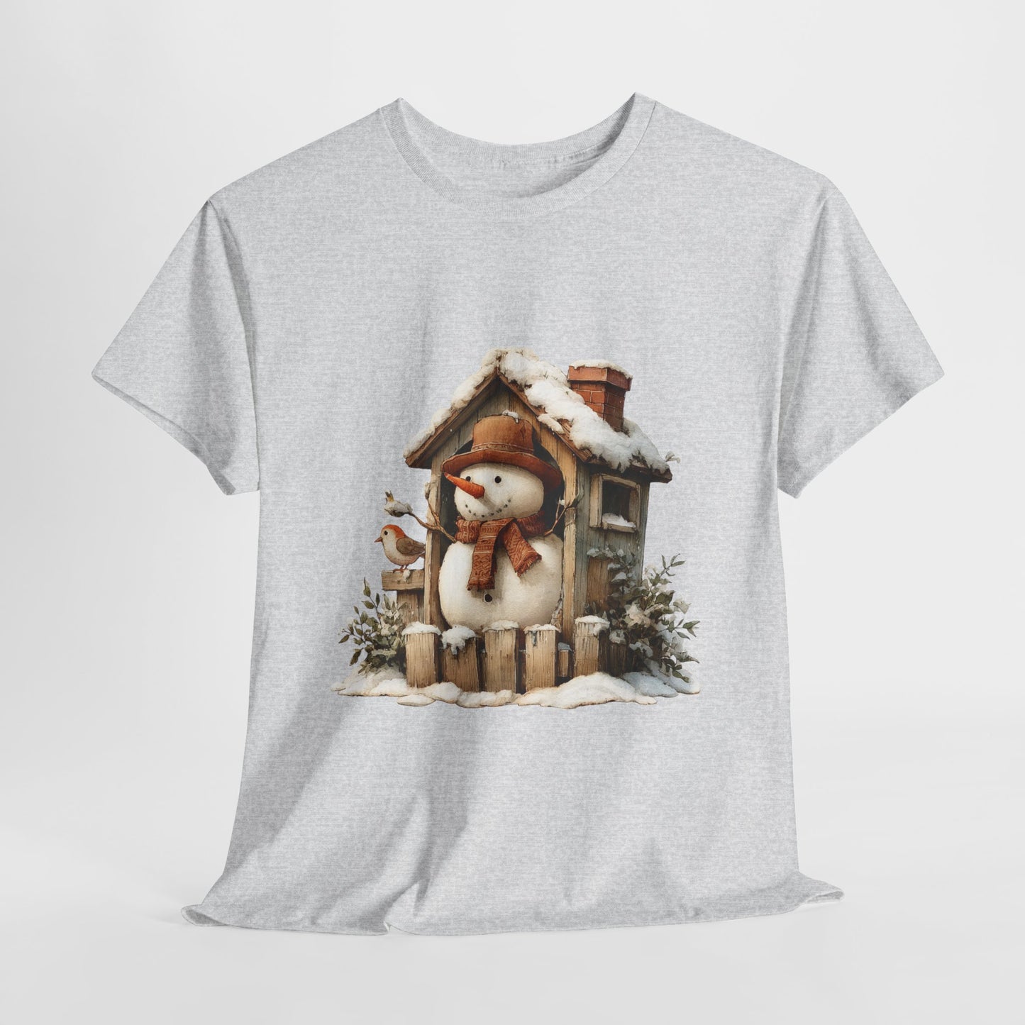 Cabin Porch Snowman Shirt - Rustic Snowman in Little House with Bird Tee, Cozy Winter Christmas T-Shirt