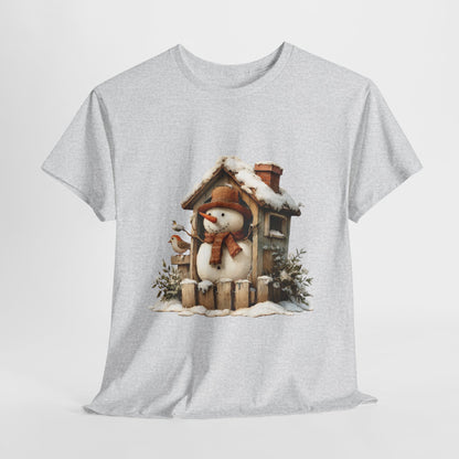 Cabin Porch Snowman Shirt - Rustic Snowman in Little House with Bird Tee, Cozy Winter Christmas T-Shirt