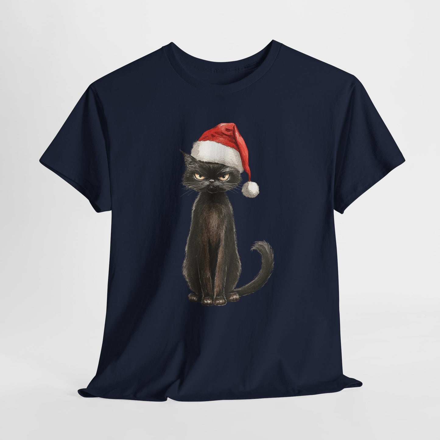 Christmas Black Cat Shirt - Funny Moody Kitty in Santa Hat Tee, Watercolor Holiday T-Shirt, Sarcastic Xmas Gift for Cat Lovers Men & Women