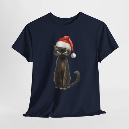 Christmas Black Cat Shirt - Funny Moody Kitty in Santa Hat Tee, Watercolor Holiday T-Shirt, Sarcastic Xmas Gift for Cat Lovers Men & Women