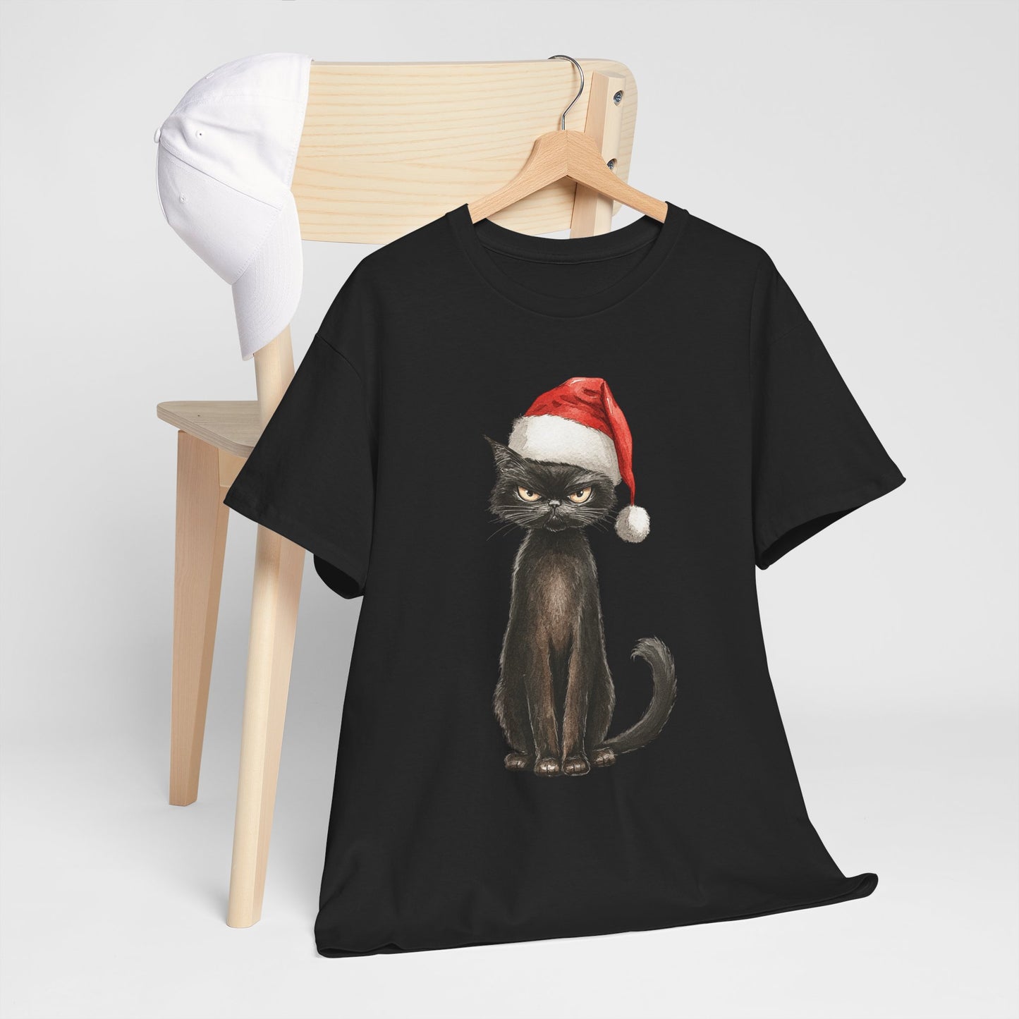Christmas Black Cat Shirt - Funny Moody Kitty in Santa Hat Tee, Watercolor Holiday T-Shirt, Sarcastic Xmas Gift for Cat Lovers Men & Women