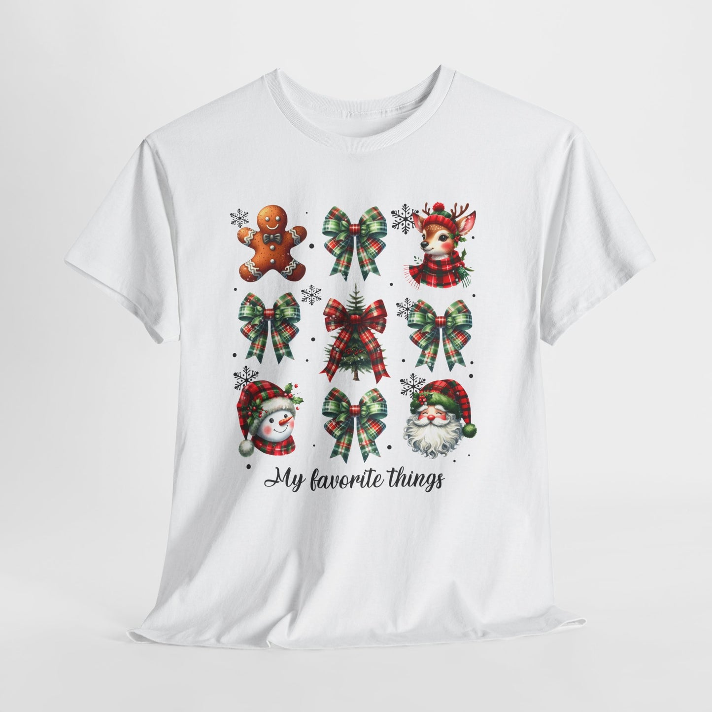 My Favorite Christmas Things Shirt - Plaid Bows, Reindeer, Gingerbread, Tree, Snowman & Santa Tee, Cute Festive Collage Holiday T-Shirt