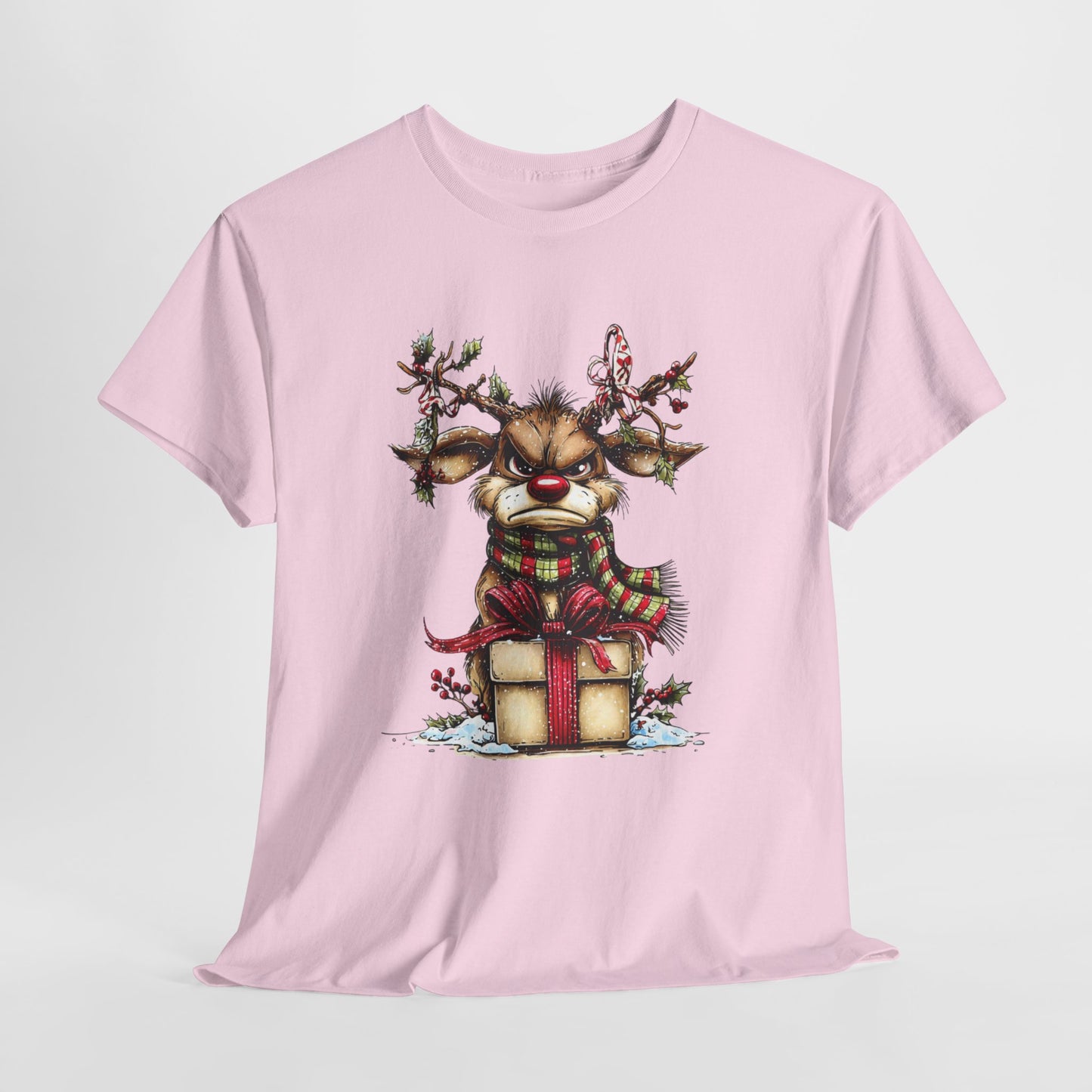 Grumpy Red-Nose Reindeer Shirt - Funny Christmas Reindeer with Gift & Plaid Scarf Tee, Sarcastic Holiday T-Shirt, Cozy Winter Gift