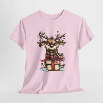 Grumpy Red-Nose Reindeer Shirt - Funny Christmas Reindeer with Gift & Plaid Scarf Tee, Sarcastic Holiday T-Shirt, Cozy Winter Gift