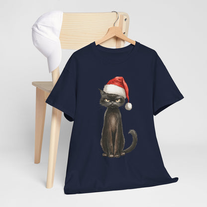 Christmas Black Cat Shirt - Funny Moody Kitty in Santa Hat Tee, Watercolor Holiday T-Shirt, Sarcastic Xmas Gift for Cat Lovers Men & Women