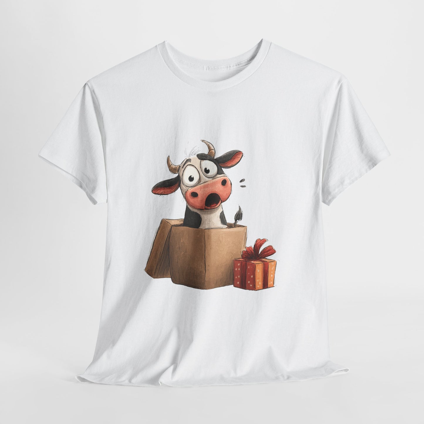 Cow in a Gift Box Shirt - Funny Christmas Surprise Moo Tee, Cute Cartoon Dairy Cow T-Shirt with Present and Bow