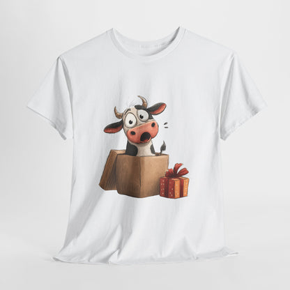 Cow in a Gift Box Shirt - Funny Christmas Surprise Moo Tee, Cute Cartoon Dairy Cow T-Shirt with Present and Bow