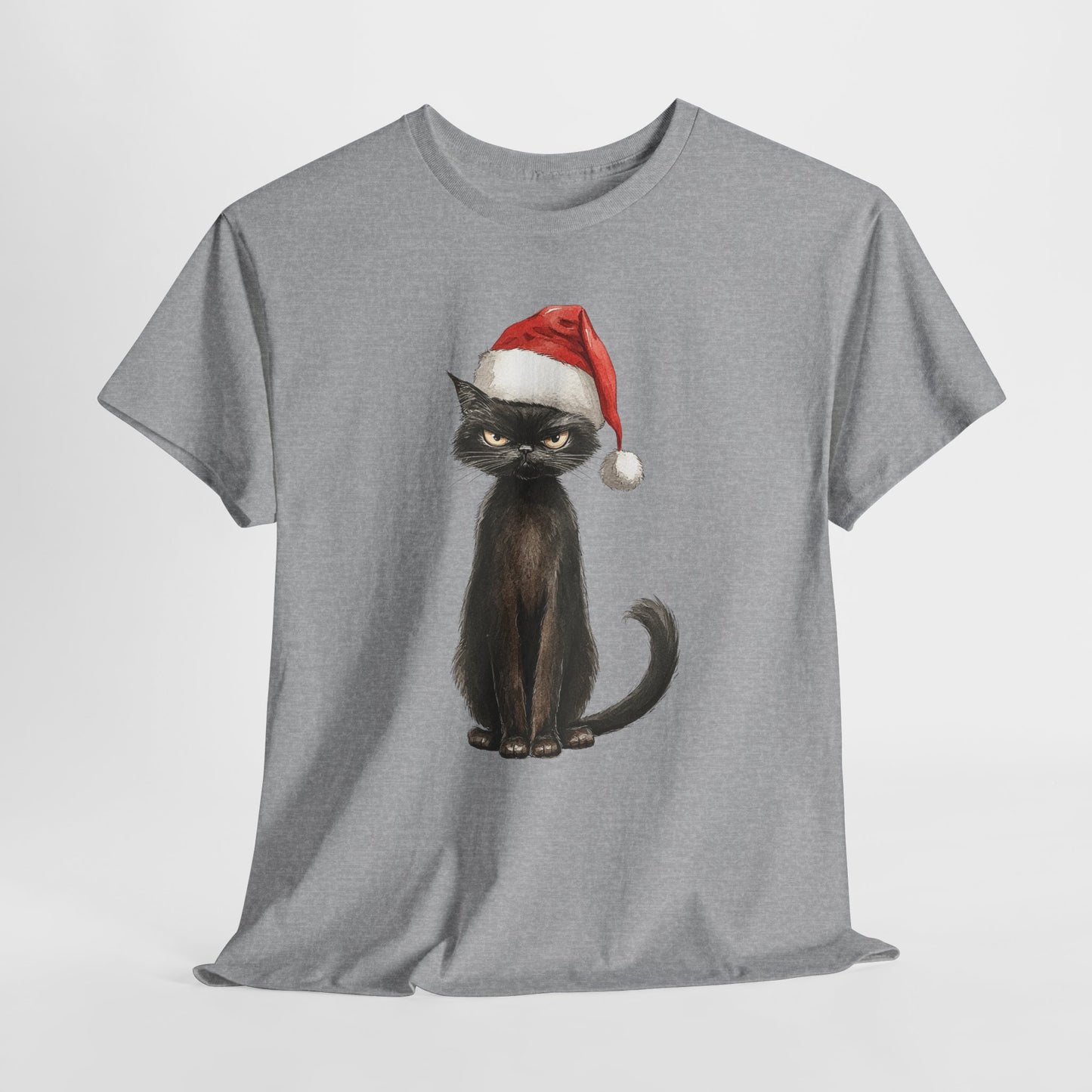 Christmas Black Cat Shirt - Funny Moody Kitty in Santa Hat Tee, Watercolor Holiday T-Shirt, Sarcastic Xmas Gift for Cat Lovers Men & Women