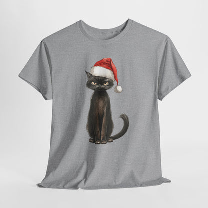Christmas Black Cat Shirt - Funny Moody Kitty in Santa Hat Tee, Watercolor Holiday T-Shirt, Sarcastic Xmas Gift for Cat Lovers Men & Women