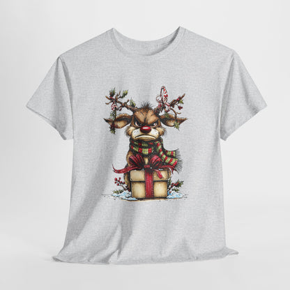 Grumpy Red-Nose Reindeer Shirt - Funny Christmas Reindeer with Gift & Plaid Scarf Tee, Sarcastic Holiday T-Shirt, Cozy Winter Gift