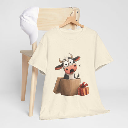 Cow in a Gift Box Shirt - Funny Christmas Surprise Moo Tee, Cute Cartoon Dairy Cow T-Shirt with Present and Bow