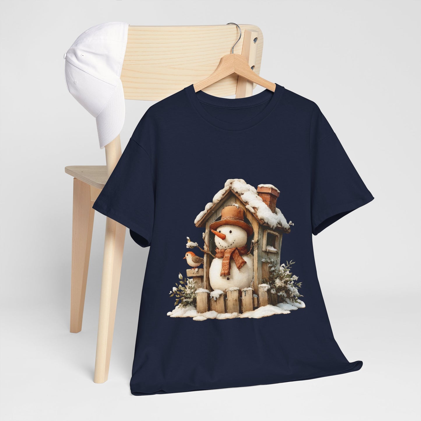 Cabin Porch Snowman Shirt - Rustic Snowman in Little House with Bird Tee, Cozy Winter Christmas T-Shirt