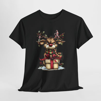 Grumpy Red-Nose Reindeer Shirt - Funny Christmas Reindeer with Gift & Plaid Scarf Tee, Sarcastic Holiday T-Shirt, Cozy Winter Gift