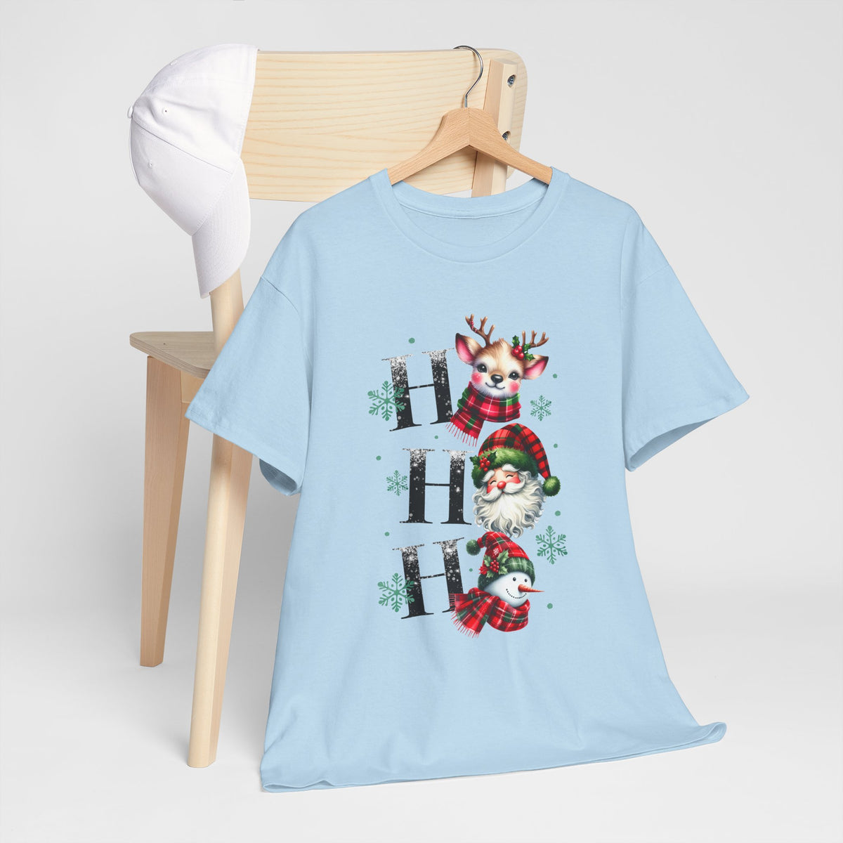 Ho Ho Ho Christmas Shirt - Cute Reindeer, Santa & Snowman Tee, Tartan Plaid Holiday T-Shirt with Snowflakes, Festive Family Matching Gift