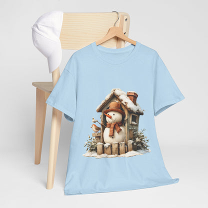 Cabin Porch Snowman Shirt - Rustic Snowman in Little House with Bird Tee, Cozy Winter Christmas T-Shirt