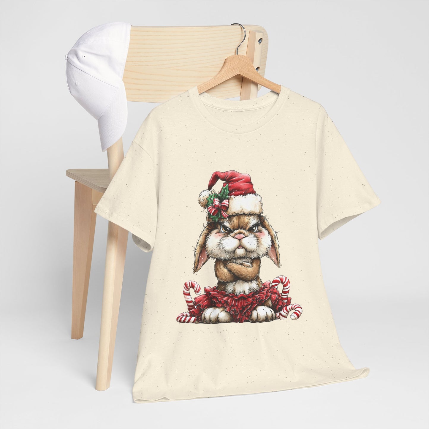 Grumpy Christmas Bunny Shirt - Funny Santa Hat Rabbit in Red Tutu Tee, Candy Cane Holiday T-Shirt, Cute Sarcastic Gift for Women & Men