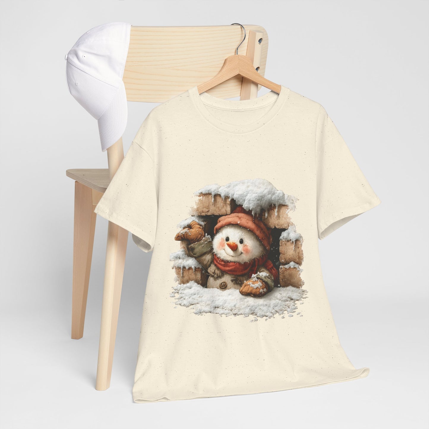 Peeking Snowman Window Shirt - Cute Snowy Brick Window Snowman Tee, Beanie & Scarf Cozy Christmas T-Shirt, Rustic Holiday Gift