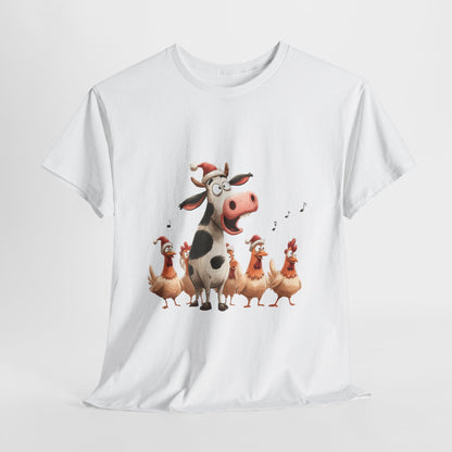 Cow & Chicken Carolers Shirt - Funny Christmas Farm Choir Tee, Singing Santa Hat Animals T-Shirt, Holiday Gift for Men and Women