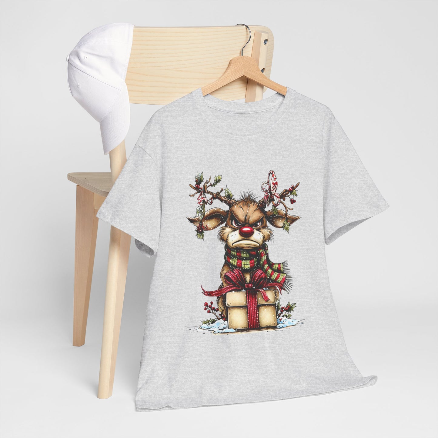 Grumpy Red-Nose Reindeer Shirt - Funny Christmas Reindeer with Gift & Plaid Scarf Tee, Sarcastic Holiday T-Shirt, Cozy Winter Gift
