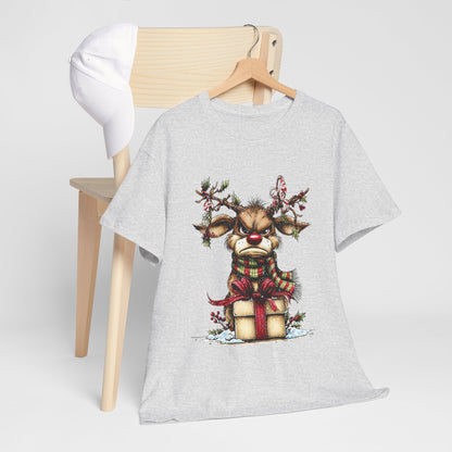 Grumpy Red-Nose Reindeer Shirt - Funny Christmas Reindeer with Gift & Plaid Scarf Tee, Sarcastic Holiday T-Shirt, Cozy Winter Gift