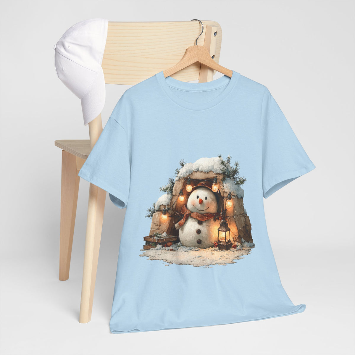 Cozy Lantern Snowman Shirt - Rustic Christmas Snowman with String Lights Tee, Winter Cabin Aesthetic T-Shirt, Cute Holiday Gift