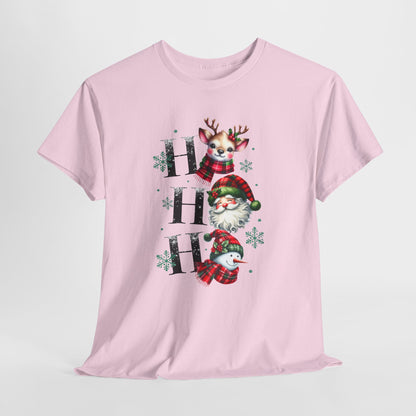 Ho Ho Ho Christmas Shirt - Cute Reindeer, Santa & Snowman Tee, Tartan Plaid Holiday T-Shirt with Snowflakes, Festive Family Matching Gift
