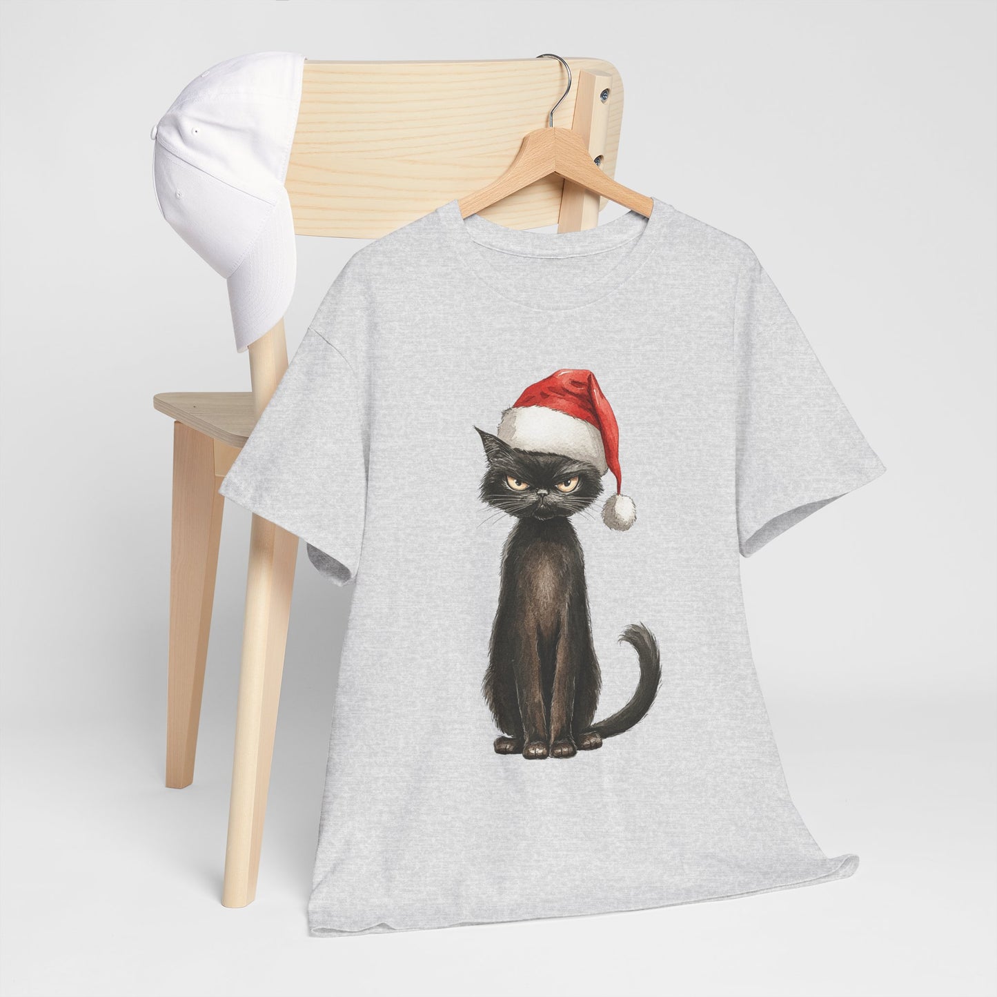 Christmas Black Cat Shirt - Funny Moody Kitty in Santa Hat Tee, Watercolor Holiday T-Shirt, Sarcastic Xmas Gift for Cat Lovers Men & Women