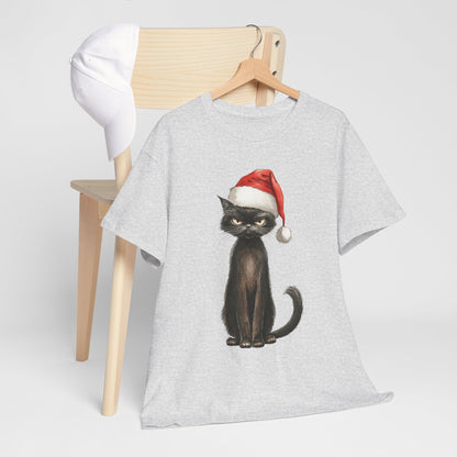 Christmas Black Cat Shirt - Funny Moody Kitty in Santa Hat Tee, Watercolor Holiday T-Shirt, Sarcastic Xmas Gift for Cat Lovers Men & Women