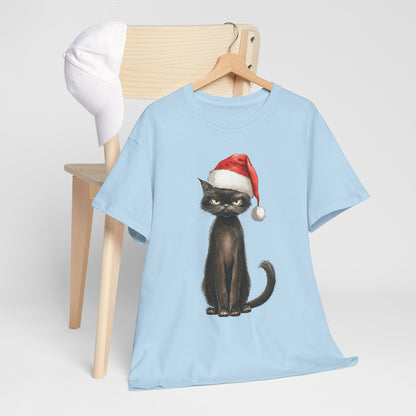 Christmas Black Cat Shirt - Funny Moody Kitty in Santa Hat Tee, Watercolor Holiday T-Shirt, Sarcastic Xmas Gift for Cat Lovers Men & Women