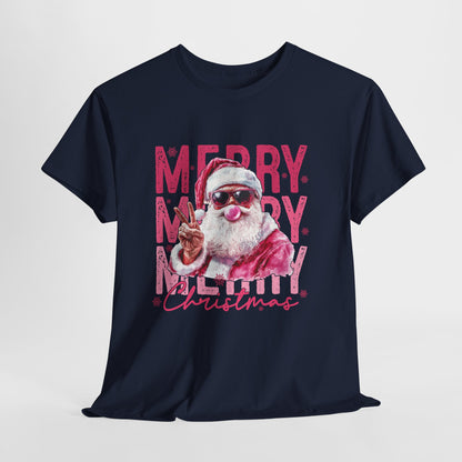 Cool Santa Bubblegum Shirt - Pink Merry Christmas Aesthetic Tee, Retro Peace Sign Santa T-Shirt, Funny Holiday Gift for Women & Men